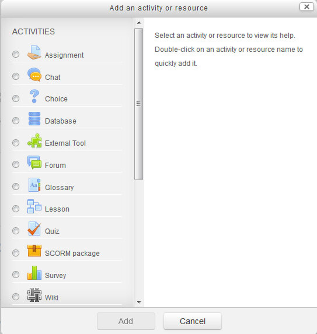 Figure 3-15 "Add an activity or resource" menu